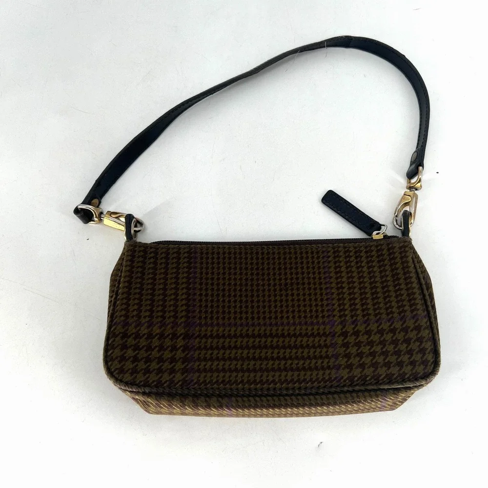 Ralph Lauren Mini Baguette Handbag Houndstooth Preppy 90s Brown Purple Shoulder